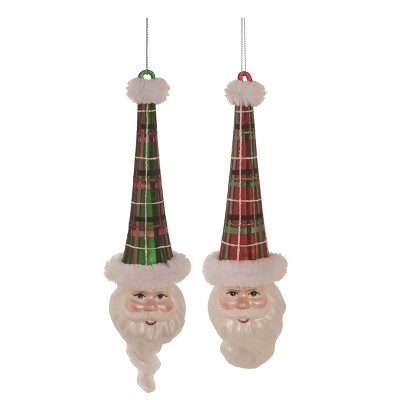 Transpac Glass Plaid Hat Santa Ornament Set of 2 Christmas Home Decorations