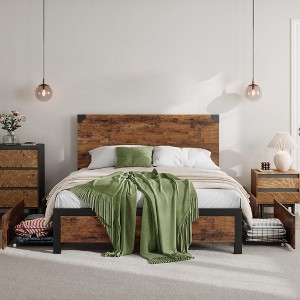 Wood Bed Frame Full Size with Headboard and 4 Storage Drawers, Noise-Free Slats, Heavy Duty - 1 of 4