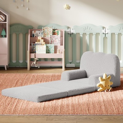Kids Couch, 2-in-1 Convertible Teddy Fleece Fabric Toddler Sofa Chair, Soft Fold Out Couch Lounge for Kids for Birthday Gift