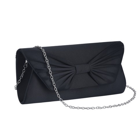 INSPIRE CHIC Bow Evening Bag for Women Pleated Satin Clutch Purses with Chain Black 9.8*1.9*5.3 inches