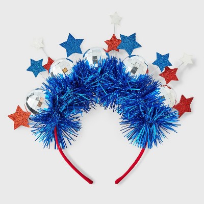 Americana Star Disco Ball and Tinsel Headband - Red/White/Blue