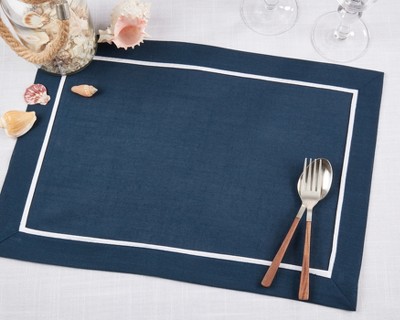 Navy Blue Polyester Rectangle Placemats with White Border (Set of 4)