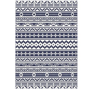 NAYSAYE Outdoor Rug Reversible Geometric Waterproof Plastic Straw Mat with Carry Bag for Patio Lounge, White and Blue - 1 of 4