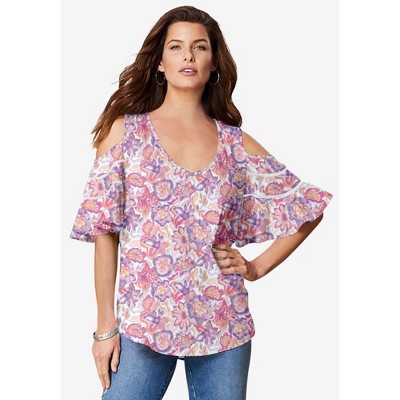 Roaman's Women's Plus Size Ruffle-Sleeve Top With Cold Shoulder Detail