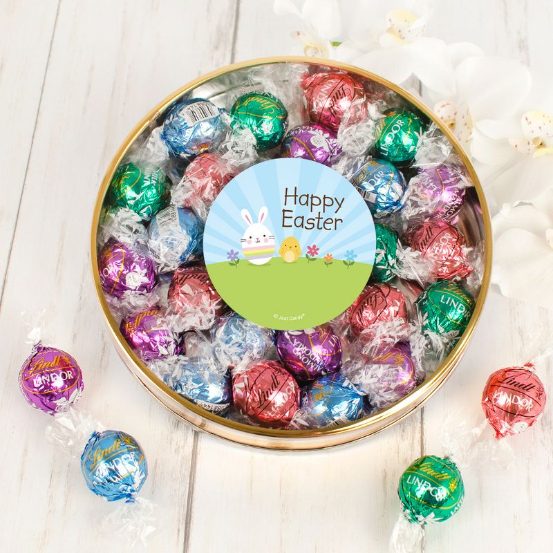 Easter Candy Gift Tin with Chocolate Lindor Truffles by Lindt Large Plastic Tin with Sticker - Bunny & Chick - By Just Candy, 1 of 2