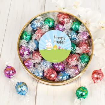Easter Candy Gift Tin with Chocolate Lindor Truffles by Lindt Large Plastic Tin with Sticker - Bunny & Chick - By Just Candy