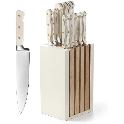 Attop 11 Pieces Knife Set with Block for kitchen, Stainless Steel Razor-Sharp Blade, Triple Riveted Ergonomic Handle, Wooden Magnetic Block,  Beige