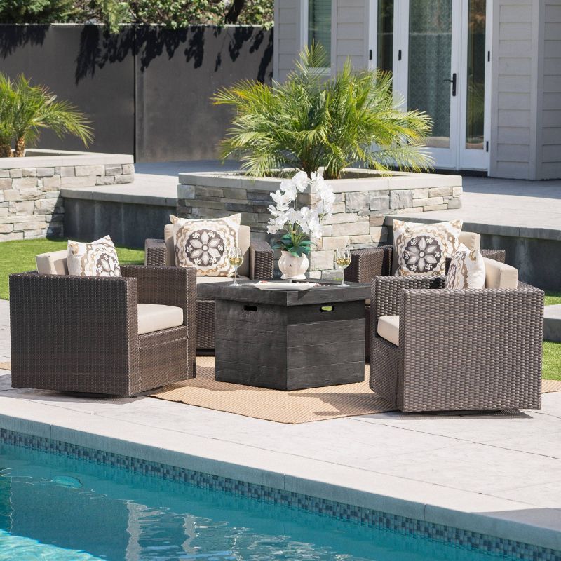 Puerta 5pc Wicker Swivel Chat Set and Gray Fire Pit - Dark Brown/Beige - Christopher Knight Home, 3 of 17