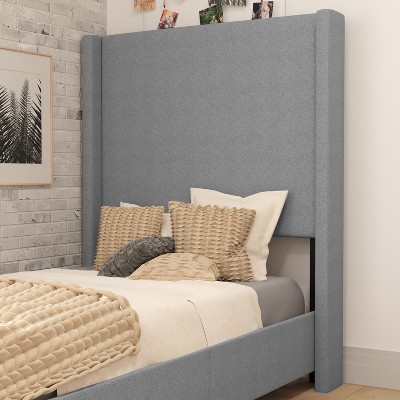 Quinn Twin Gray Linen Upholstered Platform Bed with Wingback Headboard