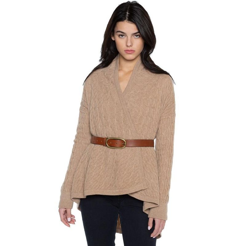 JENNIE LIU Women's 100% Pure Cashmere 4-ply Cable-knit Drape-front Open Cardigan Sweater, 3 of 4