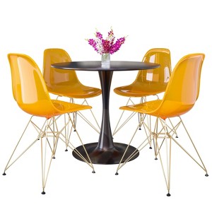 LeisureMod 5-Piece Dining Set with 35" Round Iron Pedestal Dining Table and 4 ABS Plastic Side Chairs with Gold Base - 1 of 4