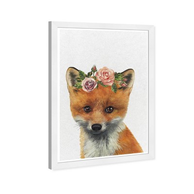 13" x 19" Cute Baby Fox Animals Framed Wall Art Gray - Olivia's Easel: Modern Decor, Digital Art, White Frame