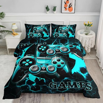 Gaming Comforter Set Full Size – 3Pcs Video Gamepad Bedding with Neon Geometric Honeycomb Design, Boys Men Quilt Set with 2 Pillowcases
