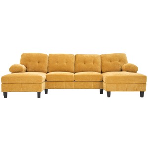 TIRAMISUBEST 103" U-Shaped Sectional Sofa with Double Chaise, Chenille Fabric & Storage Pockets - Large Living Room Couch with Pillows, Yellow - 1 of 4