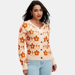 Knit & Lounge Women’s Floral Button Front Cardigan Soft Knit Lightweight Long Sleeve Sweater Classic Round Neck - 1 of 4