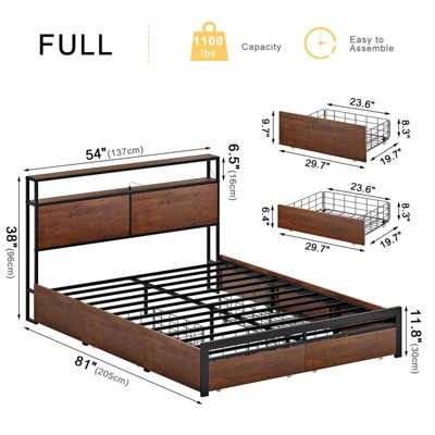 Full Size Industrial Wood and Metal Bed Frame with Storage Drawers
