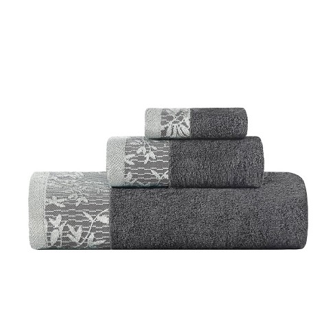 100% Cotton Medium Weight Floral Border 3 Piece Assorted Bathroom Towel  Set, Grey - Blue Nile Mills