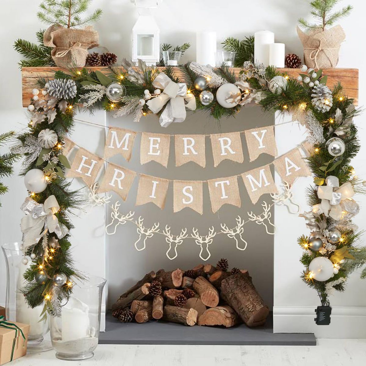 9 Ft Prelit Christmas Garland, Battery Operated Xmas Garland with Lights Silver White Ball Ornaments Pine Cones for Fireplace Door Stairs Railing - thumbnail 7