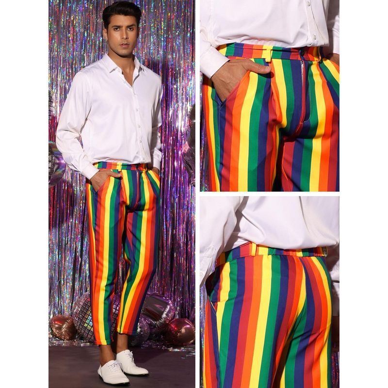 Lars Amadeus Men's Regular Fit Flat Front Cropped Rainbow Striped Pants, 5 of 6