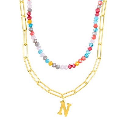 Adornia 14k Gold Plated Adjustable Layered Color Beads and Paperclip Chain Initial Necklace