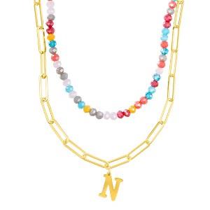 Adornia 14k Gold Plated Adjustable Layered Color Beads and Paperclip Chain Initial Necklace - 1 of 3