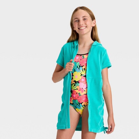 Детские купальники Cat & Jack Girls' Side Cinched Terry Zip-Up Swimsuit Cover-Up - Cat & Jack™ Turquoise Blue S