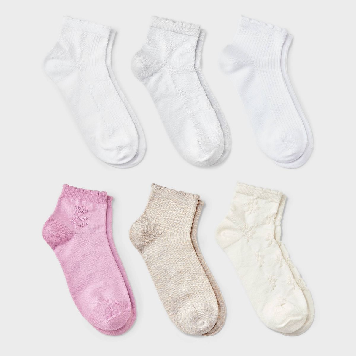 Girls' 6pk Textured Floral Pointelle Lettuce Edge Ankle Socks - art class™ White/Pink/Cream