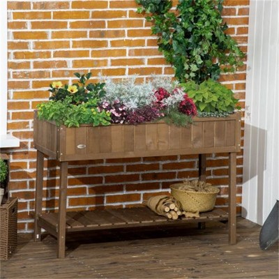YONWAY 43.25x18x30in Raised Garden Bed with 8 Pockets and Shelf, Wooden Elevated Planter Box for Grow Herbs, Vegetables, and Flowers, Dark Brown