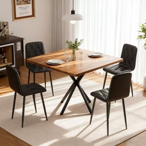 Homy Casa Square Dining Table with Metal Base, Rustic Industrial Style for Kitchen or Dining Room, Brown and Black - 1 of 4
