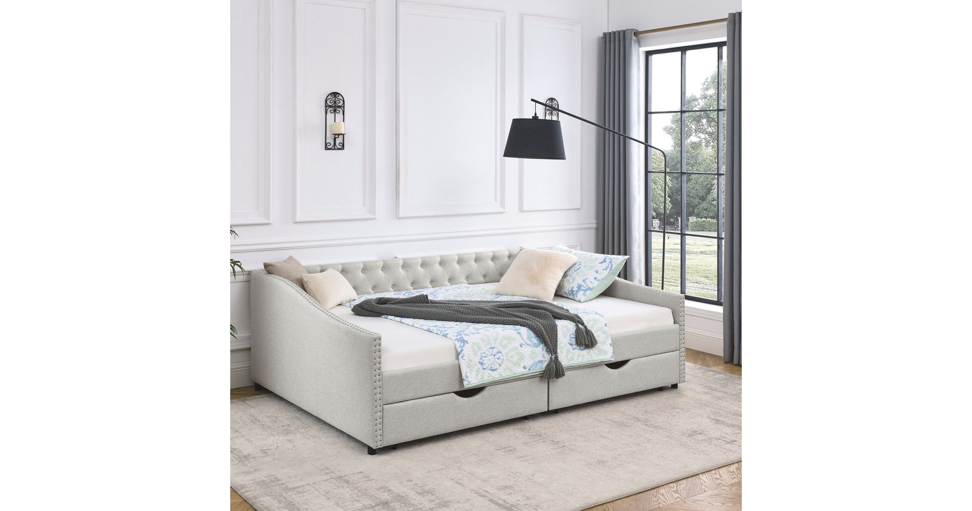 Queen Size Daybed with Drawers Upholstered Tufted Sofa Bed(84.5"x63.5"x26.5")"Beige+ Linen"