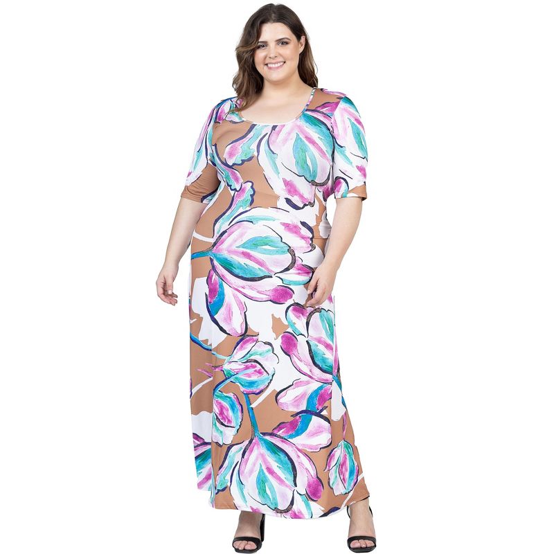 24seven Comfort Apparel Plus Size Pink Floral Elbow Sleeve Casual A Line Maxi Dress, 4 of 7