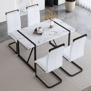 NicBex Dining Table Set for 4 Modern Minimalist White Marble-Veined MDF Dining Table with 4 PU Chairs for Kitchen - 1 of 4