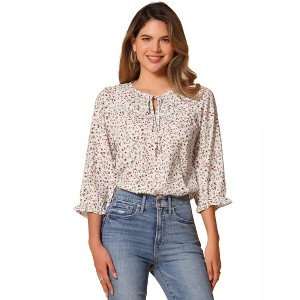 Allegra K Women's Floral Bow Tie Neck Vintage 3/4 Sleeve Blouse - 1 of 4