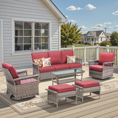 Belord Patio Furniture Set, All Weather Gray Wicker Outdoor Conversation Set with Patio Couch, Swivel Patio Rocker, High Back and 4" Thick Cushions