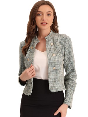 INSPIRE CHIC Women's Tweed Stand Collar Business Open Front Cropped Jacket