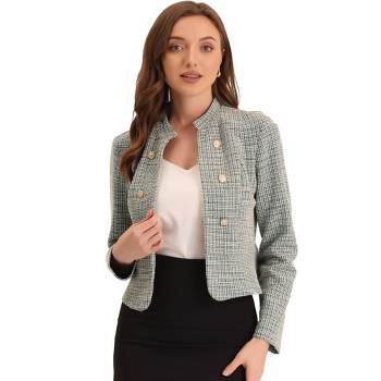 Allegra K Women's Tweed Stand Collar Business Open Front Cropped Jacket