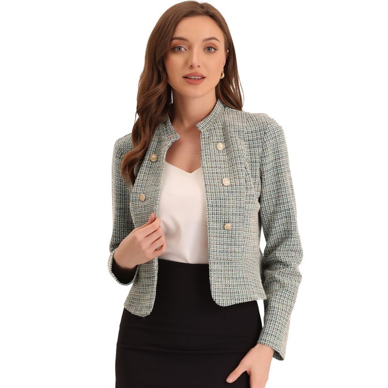 Allegra K Women's Tweed Stand Collar Business Open Front Cropped Jacket, 1 of 6