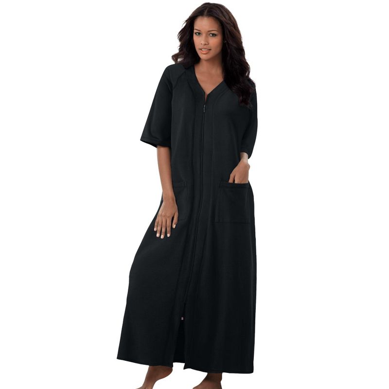 Dreams & Co. Women's Plus Size Long French Terry Zip-Front Robe, 1 of 2