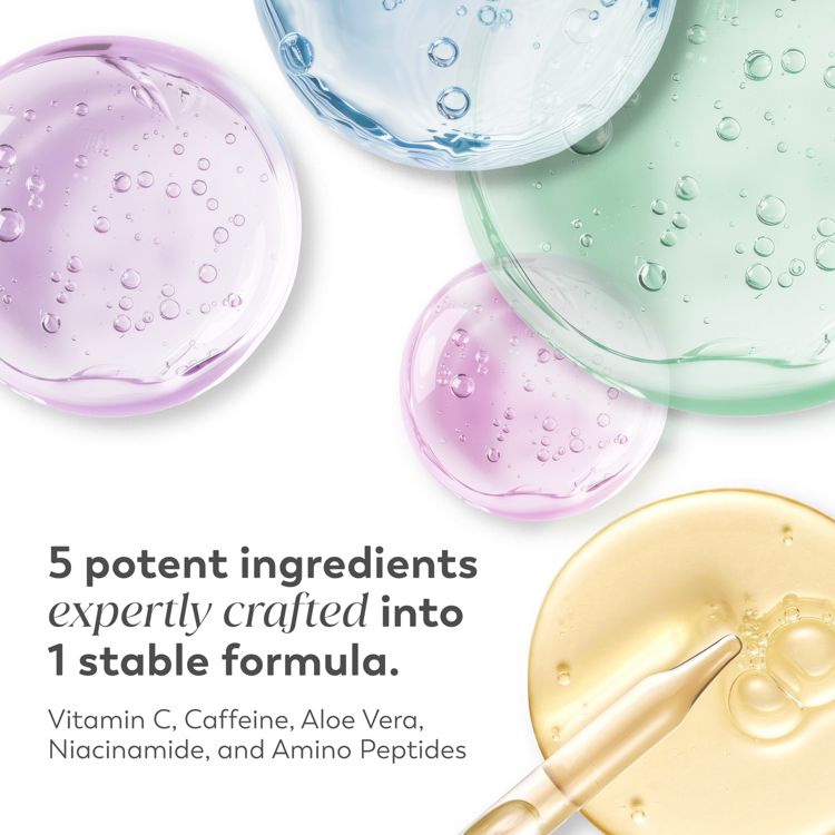 Promotional graphic for an eye serum featuring translucent purple colored, blue colored, green colored, and gold colored gel drops with a pipette, and text reading "5 potent ingredients expertly crafted into 1 stable formula".