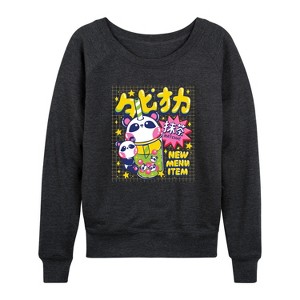 Women's - Instant Message - Kawaii Match Bear Boba Tea Lightweight French Terry Wide Neck Long Sleeve Shirt - 1 of 4