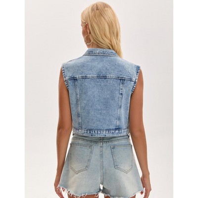INSPIRE CHIC Women's Turndown Collar Denim Button Down Rhinestones Sleeveless Cropped Jean Jacket XX-Large Light Blue — фото 4