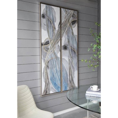 Tall Abstract Framed Oil Paintings in Purple, Gold, and Blue