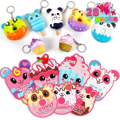JOYIN 28Pcs Scented Dessert Squishy Toys Keychains with Valentines Day  Cards for Kids-Classroom Exchange Gifts