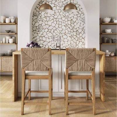 Beacon Bohemian Seagrass and Boucle Counter Height Bar Stools, Set of 2
