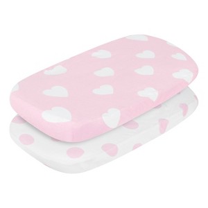 Everyday Kids 2-Pack Bassinet Sheets - 100% Cotton Jersey Knit Dots & Hearts, Fitted Sheets for Baby Girl, Fits Oval & Rectangle Mattresses - 1 of 4