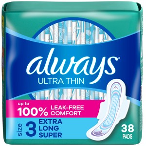 Always Ultra Thin Pads Extra Super Long Absorbency Unscented with Wings - Size 3 - 1 of 4