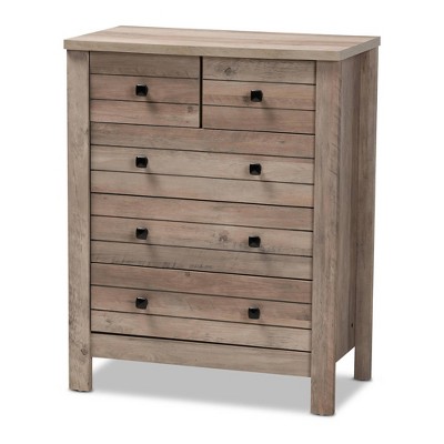 Image of Derek Natural Wood 5 Drawer Chest Brown - Baxton Studio