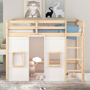 PAGED Twin Size Loft Bed Modern Wooden Bed Frame with Wardrobe, 2 Windows and Ladder and Guardrail for Bedroom - 1 of 4