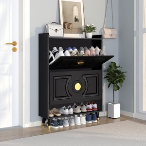 TiranisuBest Shoe Storage Cabinet with 2 Flip Drawers, Slim Wooden Freestanding Shoe Organizer with Shelf for Entryway Hallway–Holds 24 Pairs, Black - 1 of 4