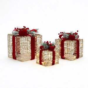 LuxenHome 3-Piece Plastic Rattan Gift Box Set with Red Ribbon Outdoor Holiday Decoration with Lights Gold, Red, Green - 1 of 4